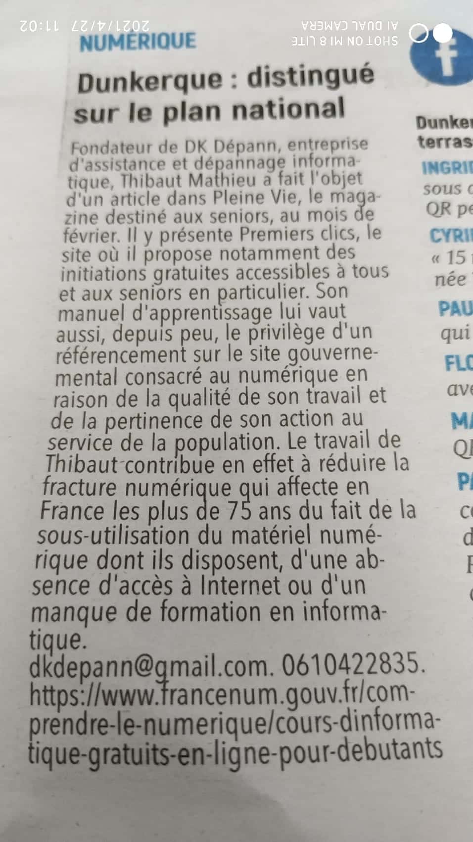 Article du Phare Avril 2021 Presse - Article du Phare Dunkerquois sur DK Dépann